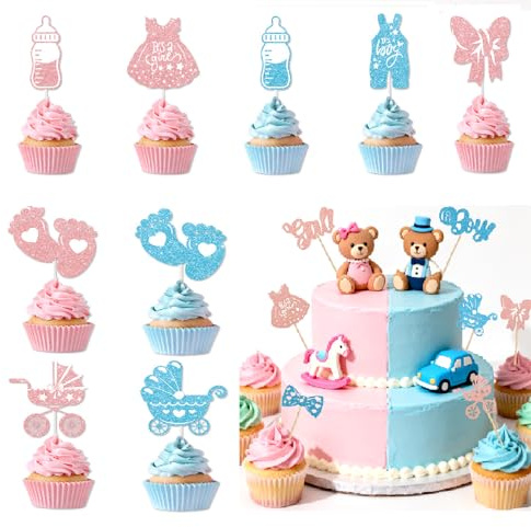 TMZELOA 24 Stück Baby Shower Cake Topper, Junge oder Mädchen, Junge oder Mädchen, Gender Party Deko, Gender Reveal Party Cupcake Topper