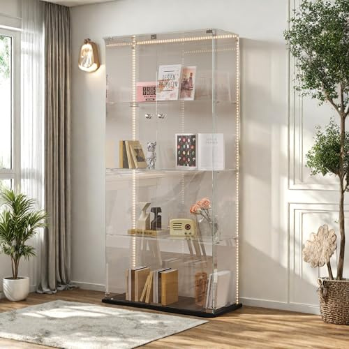 Glasvitrinskåp med LED, 3 lager stående vitrinskåp, 2 dörrar vitrinskåp, stående glasvitrinskåp, stående med lås, ramlös full vy vitrinskåp, samlarvitrin för levande sömn kontor (svartB, 78,5 x 35 x