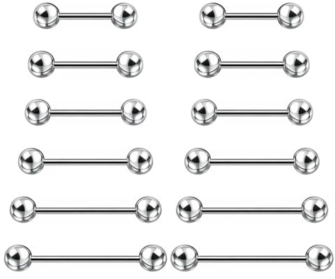JinRuiCPeng 12 PCS Zungenpiercing Brustwarzenpiercing und 5er Ersatzkugel, 8/10/12/14/16/18/20mm, Silber Barbell für Zunge, Brustwarze, Augenbrauen Piercing, Vertical Labret Piercing