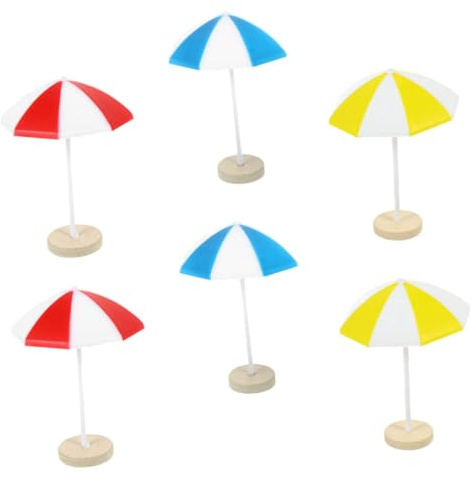 FOYTOKI 6pcs Miniature Beach Umbrella Set for Dollhouse Decor, Micro Sun Umbrella Props with Red, Blue, Yellow Resin Design, Medium Size Beach Scene Accessories for Landscape