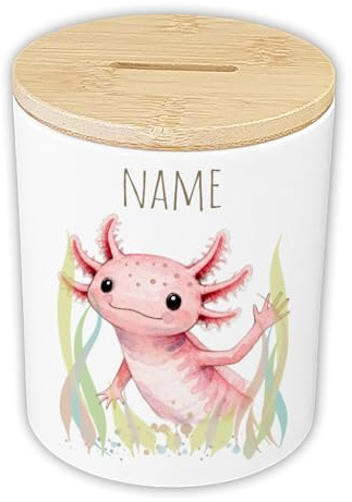 Personalisierte Spardose für Kinder mit Namen & Wunschtext - Keramik Sparschwein mit Holz Bambusdeckel & 24 Aquarell Tiermotiven - Geldgeschenk zur Geburt, Taufe & Einschulung (Axolotl)