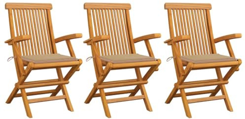 YuuSsea Trädgårdsstolar med beige kuddar 3 st. vikbara av massivt teak med armstöd för balkong terrass utomhus camping pool, stapelbar, väderbeständig, bekväm, utrymmesbesparande, vaddering dyna