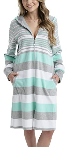 Aquarti Damen Frottee Bademantel Morgenmantel Gestreift mit Kapuze, Farbe: Mint, Größe: M