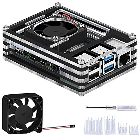 GeeekPi Acryl Gehäuse für Raspberry Pi 4 Model B mit 40x40x10mm Lüfter und 4 Kühlkörpern (Nur für Pi 4) (Schwarz und Klar)