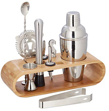 Relaxdays 9-teiliges Cocktail Set, Profi Barkeeper Set m. Ständer, Shaker, Barmaß, Ausgießer, Eiszange, Edelstahl, natur