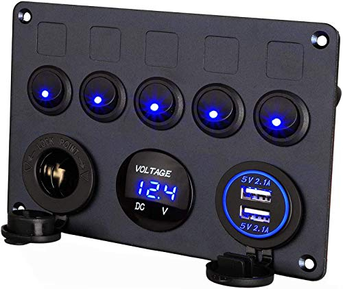 Thlevel Schalter Panel 5 Gang Kippschalter mit 5V 4.2A Dual USB Ladegerät wasserdichte LED Spannungsmesser Zigarettenanzünder Buchse für 12V bis 24V Marine Boot Wohnmobil Auto LKW Baufahrzeug