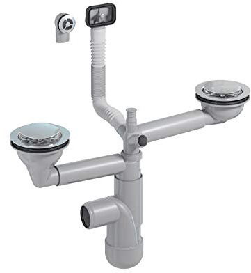 PREVEX Flexloc Siphon, platzsparend, universal, komplett mit 1,5 oder 2 Becken inkl. Ablaufgarnitur, Magnetabdeckung und 2 Überläufen für Küchenspülen/Spülbecken | aus recyceltem Kunststoff | komplett mit 1,5 oder 2 Becken, inkl. Ablaufgarnitur, Magnetabdeckung und 2 Überläufe, für Küchenspülen/Spülbecken