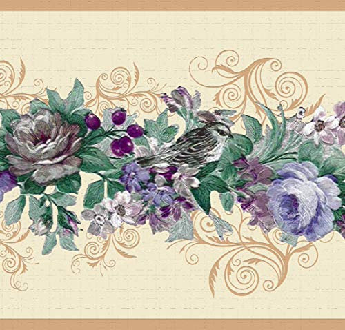 Dundee Deco Frise de papier peint autocollant DDAZBD9038 Motif floral Violet, Bleu, Vert, Beige Fleurs sur vigne Design rétro 4,57 m x 17,78 cm