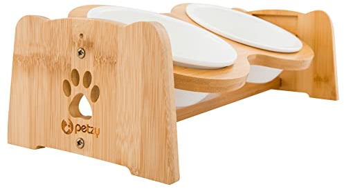 Petzy Premium Hundenapf Keramik oder Katzennapf, 350 ml pro Napf | Höhenverstellbar, Perfekter Futternapf für Hund und Katze, ideal für kleine Hunde und Katzen | Näpfe mit Rutschfester Napfunterlage