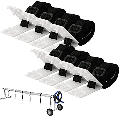 Pool Solar Cover Reel Attachment Kit, Swimming Pool Cover Roller Attachment Straps Gear Belt Kit for Ground Pool Including 8 Adhesive Nylon Straps and Tabs, 8 Cord Plates, 8 Buckles