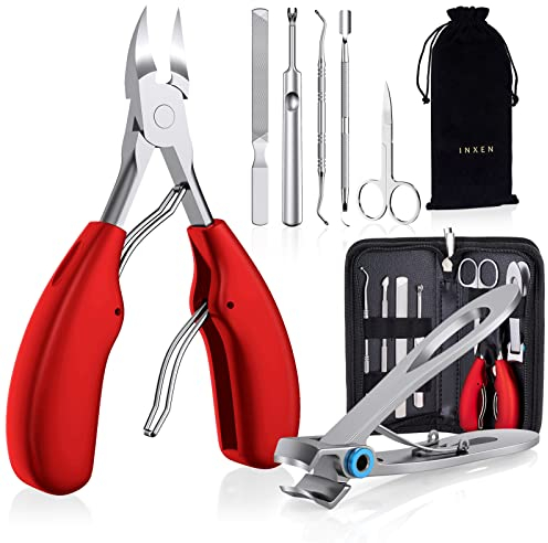 INXEN Profi Maniküre Nagelknipser Set, Scharf Nagelzange für Dicke Eingewachsene Fußnägel, Edelstahl Pediküre Fusspflege Nagelknipser, 7 Pcs Maniküre Set mit Nagelschere Nagelhautschere Nagelfeile,Rot