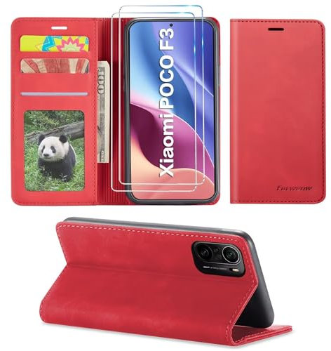 SLWYF Funda para Xiaomi Redmi K40/K40 Pro/Poco F3/Mi 11i, con Protector de Pantalla, Soporte Plegable Tapa Flip de PU Ranuras Tarjetas Magnético Protección, Protección de Cuero Premium, Rojo