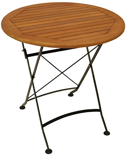 DEGAMO Gartentisch Klapptisch HOFGARTEN 75cm rund, Flachstahl schwarz + Eukalyptus Holz, braun geölt, klappbar, Outdoor
