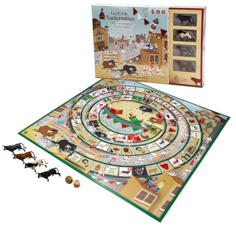 DeQube 924D00180 Jeu de l'oie de San Fermin – Comprend 4 Mini taureaux de Collecte et dés en Bois – Dimensions Plateau 50 x 50 cm