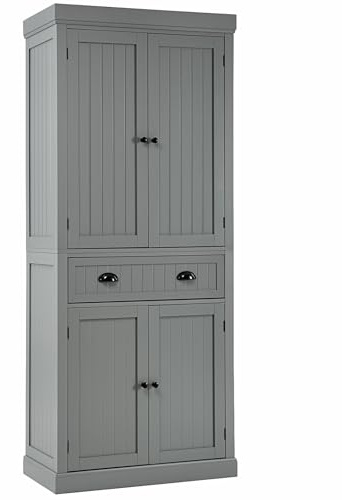 COSTWAY Tall Kitchen Cupboard, 4-Door Buffet Pantry Storage Cabinet with 4 Adjustable Shelves, Drawer & Anti-tipping Device, Freestanding Sideboard Organizer Unit for Dining Living Room (Grey)