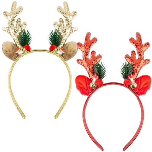 Bluelves 2 Stücke Glitzer Weihnachten Haarreif,Neuheit Xmas Weihnachtsfeier Kopfschmuck Set,Rentier Geweih Haarreifen Party für Kinder Erwachsene