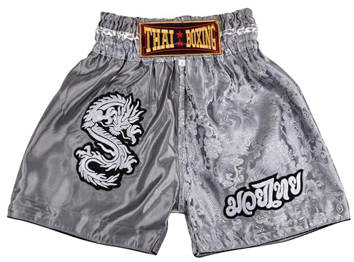 Muay Thai Shorts for Kids (2 Years - 12 Years) Girls Boys Boxing Trunks for Kickboxing MMA (UK, Age, 9 Years, 12 Years, Regular, Dragon Grey)