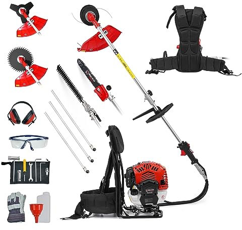 BU-KO 52cc Rucksack mit Langer Reichweite Benzin Multifunktions-Gartengerät: Benzin-Rasentrimmer und Freischneider, ausziehbare Heckenschere, Gartenschere, Kettensäge, 3 x 75 cm