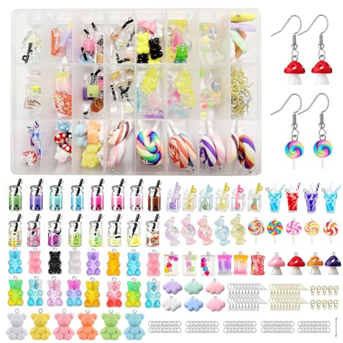 TRUBUY Charms Anhänger Set, 100 Stück Resin Bubble Tea Pilz Bär Basteln mit 151PCS Heimwerker Zubehör für Ohrringe Armbänder Halsketten Schlüsselanhänger und Schmuckherstellung
