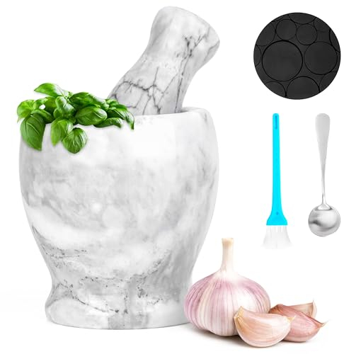 Winter Shore Juego de Mortero Cocina y Maja de Mármol - 10 x 10,5 cm, Cuenco Mortero Piedra Gris Clara de 250 ml con Tapete de Silicona, Cepillo y Cuchara de Acero Inoxidable