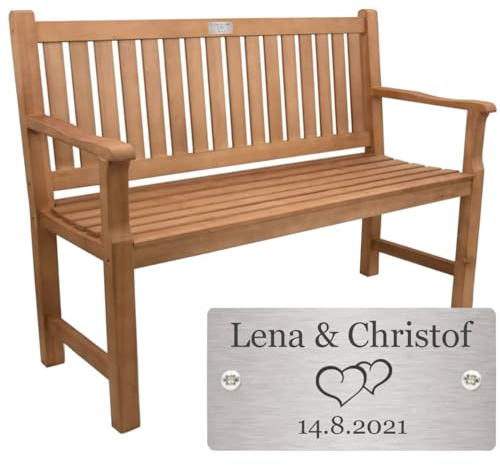 Sterngraf Bank zur Silberhochzeit mit Gravur-Schild zB. Herzen (Namen/Datum), Gartenbank 120cm Holz Armlehnen-Bank, Edelstahlschild personalisiert Geschenk-Idee 25. Ehe-Jubiläum