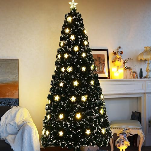 Asinse 5ft Pre-lit Fiber Optic Artificial Christmas Tree, 180 Green PVC Tips with Golden Stars, Warm White LED Lights with 8 Modes, Golden Star Topper, Holiday Decor