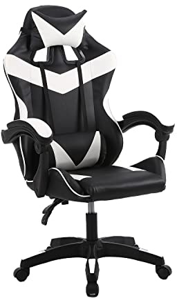 Panana Gaming Chair Ergonomic Computer Office Chair with Headrest Lumbar Support Height Adjustable 360° Swivel Seat Faux Leather (White)