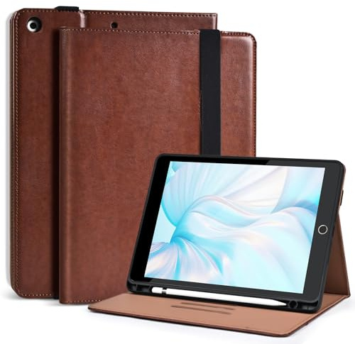 4UBonLife Hülle für iPad 9. /8. /7. Generation 10,2 Zoll 2021/2020/2019, PU Leder Multi-Winkel Folio Schutzhülle, Business Wallet Tablet Hülle mit Stifthalter Auto Schlaf/Wach Funktion,Braun