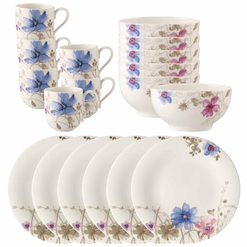 Villeroy & Boch Mariefleur Gris Basic Service de petit-déjeuner 18 pièces | Tasse à café (260 ml), bol (500 ml), assiette à petit-déjeuner (21,5 cm) pour 6 personnes | Porcelaine de qualité supérieure