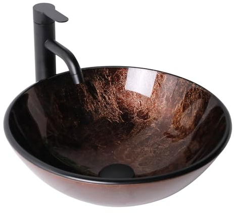 Lordear Glass Vessel Sink Bathroom Sink 16x16 Inch Round Artistic Tempered Glass Vanity Sink with Pop-Up Drain Countertop Basin for Bathroom