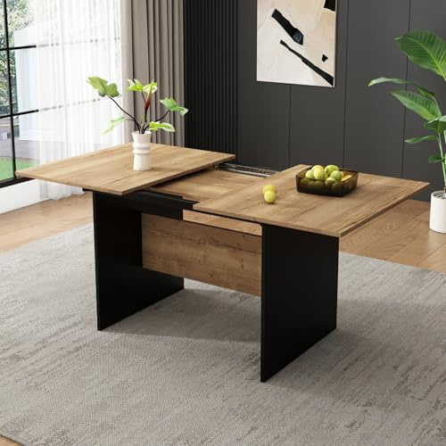 Generisch Ausziehbarer Esstisch Säulentisch 180 x 60 cm, Wohnzimmertisch mit stabilen Beinen, moderner Küchentisch, Esszimmertisch geeignet für Wohnzimmer oder Küche, Schwarz + Holzfarbe