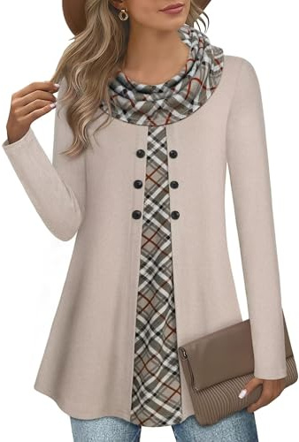 GUUKA Women Casual Long Sleeve 2 in 1 Jumpers Sweatshirt Ladies Cowl Neck Fall Pullover Winter Sweaters Tunic Tops with Buttons for UK(Silver Birch,M)