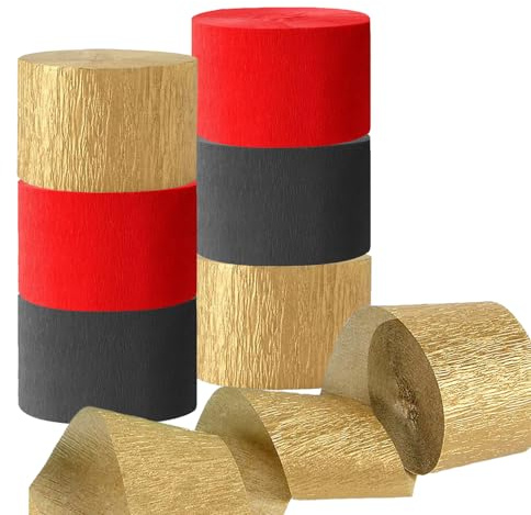 CC wonderland zone 6 Rolls Gold Black and Red Crepe Paper Streamers for Birthday Graduate Party Decorations,82 feet Long 1.77 inch Wide