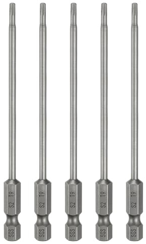 sourcing map 5 x T9 Torx-Kopf-Schraubendreher-Bits, 6,35 mm Sechskantschaft, 100 mm lang, magnetisch, keine Lochspitze, manipulationssicher, 6-Punkt-Stern-Schraubendreher-Bits, S2-Stahl, industrielle