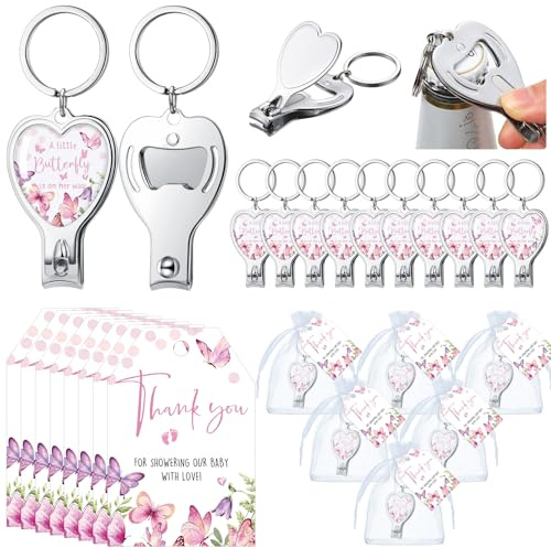 Wesiti 25 Sets Baby Shower Favor for Guests Butterfly Keychain with Nail Clipper and Bottle Opener Thank You Tag Card Organza Bag (Butterfly)