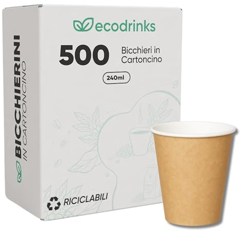 ecodrinks - 500 Bicchieri Carta Avana 240ml - Per Acqua, Cocktail, Bevande Calde e Fredde - Biodegradabili, Eco-friendly e Made in Italy