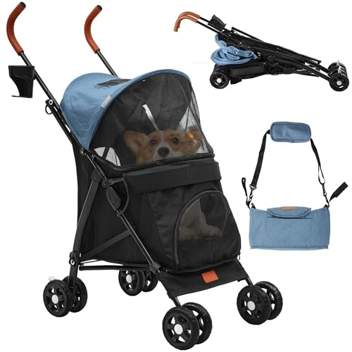 DWVO Passeggino per cani e gatti fino a 11,3 kg, pieghevole, con cuscino, cestino portaoggetti, passeggino per animali domestici, 45,7 x 83 x 114 cm, colore: blu nero