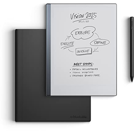 reMarkable Essentials Bundle – Leather Folio | reMarkable 2 Paper Tablet | Black and White 10.3'' Writing Tablet, Marker Plus Pen with Built-in Eraser and Book Folio Case in Black Premium Leather
