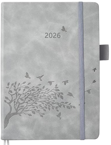 Kalender 2026 Buchkalender A5 1 Tag 1 Seite, Tagesplaner mit Monatsübersicht & Notizen, 2 Lesezeichenband, Stifthalter, Tasche, Leder Hardcover, Jahresplaner Buch Planer Terminplaner, Jan.26-Dez.26