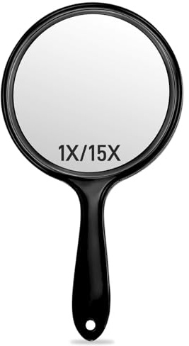 OMIRO Handspiegel, Doppelseitiger Handspiegel mit 1X/15X Vergrößerung und Griff (Transparent Schwarz)
