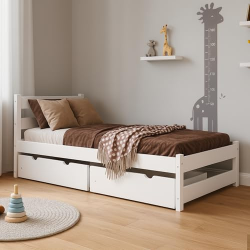MEBLE WRÓBEL Kinderbett 80x160 cm mit 2 Schubladen und Lattenrost - Einzelbett aus Kiefer Massivholz - Kinder Bett Montessori - Jugendbett in Weiß - ohne Matratze
