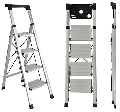 UZIRO Escalera Plegable 4 Peldaños, Escaleras Plegables de Aluminio Liviana, Porta Herramientas, Peldaños Anchos Antideslizantes, Scada para Trabajo, Compacta, Fácil de Utilizar (4 Peldaños)