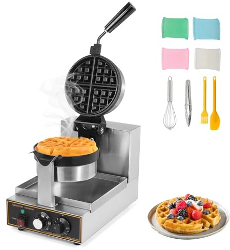 WICHEMI Commercial Belgian Waffle Maker Thick, Cast Iron Round Waffle Maker Rotating, 180° Flip Non-stick Time Control Temperature Adjustable 110v 1200w