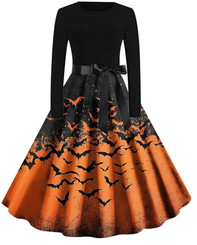 HAOLEI Halloween Costumes Adult Women, Ladies Halloween Dress Retro Pumpkin Skeleton Print Long Sleeve A Line Swing Dress Black Vintage Skull Witch Rockabilly Party Cocktail Novelty Dresses
