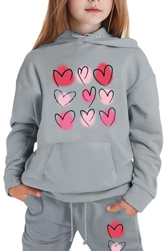 Survêtement 2 pièces pour filles - Automne avec capuche - Imprimé cœur - Ensemble de survêtement décontracté à manches longues - Pantalon de survêtement confortable, gris, 3-4 ans