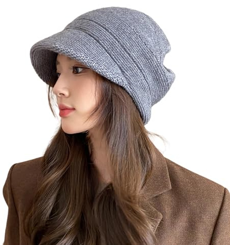 Wintermütze Damen Strickmütze mit Visier Krempe Doppelschicht Schirmmütze Gehörschutz Baskenmütze Warme Atmungsaktive Beaniemütze mit Schirm Gestrickte Slouchy Mütze Winter Outdoor Thermo Mütze