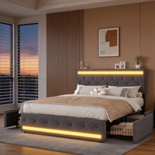 HYNHXBP Vadderad säng 180 x 200 cm med 4 lådor, LED-belysning och USB-laddning, beige sammet sänggavel, perfekt för barn och tonåringar, utan madrasser, mörkgrå, linne