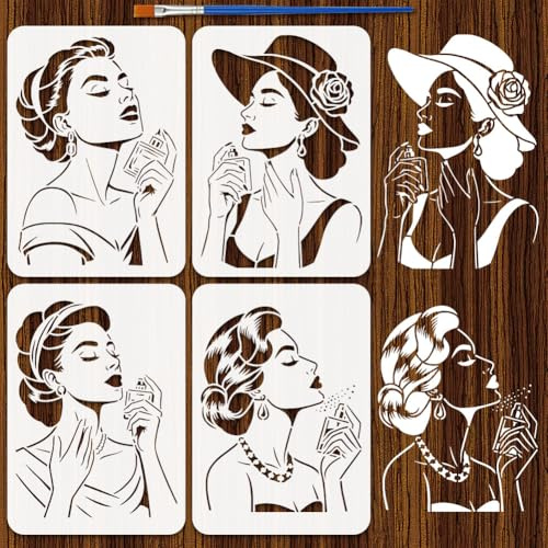 FINGERINSPIRE 4 Malschablone Mit Pinsel Für Parfümfrauen Größe A4 29.7x21cm Frauen Schablonenvorlage Wiederverwendbar Damen Kunst Silhouette Schablonen Frauen Themenschablonen Zum Malen Auf Stoff