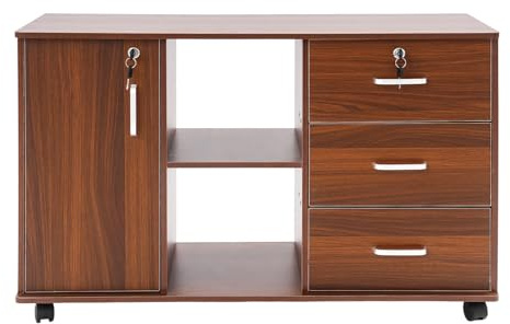 Rollcontainer mit Schubladen, Aktenschrank aus Holz mit 3 Schubladen, Büroschrank mit Rollen, 1 Schrankteil und 2 Offenen Fächer, Büroschrank für Büro, Arbeitszimmer, Schule (Schwarze Eiche)