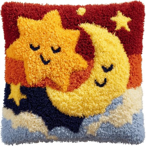 XDEGHUANGSS Kit de coussin latch hook 43x43 cm,Tapisserie point noué DIY avec motif pré-imprimé,kit de broderie fait main pour débutants et adultes,décoration intérieure(Étoiles et lune)